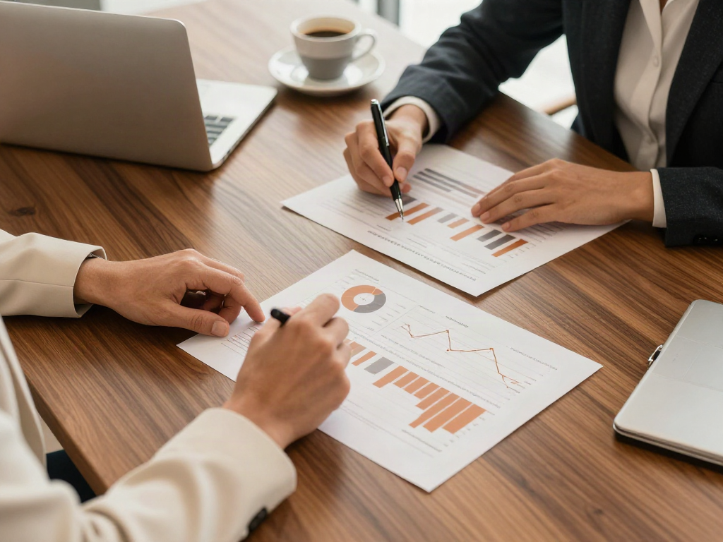Consultants reviewing business performance charts together at a walnut meeting table